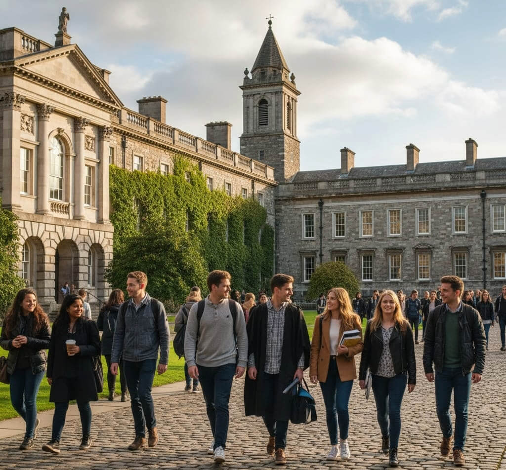 Estudiantes internacionales caminando en un campus de Dublín durante su programa de inglés y trabajo en Irlanda