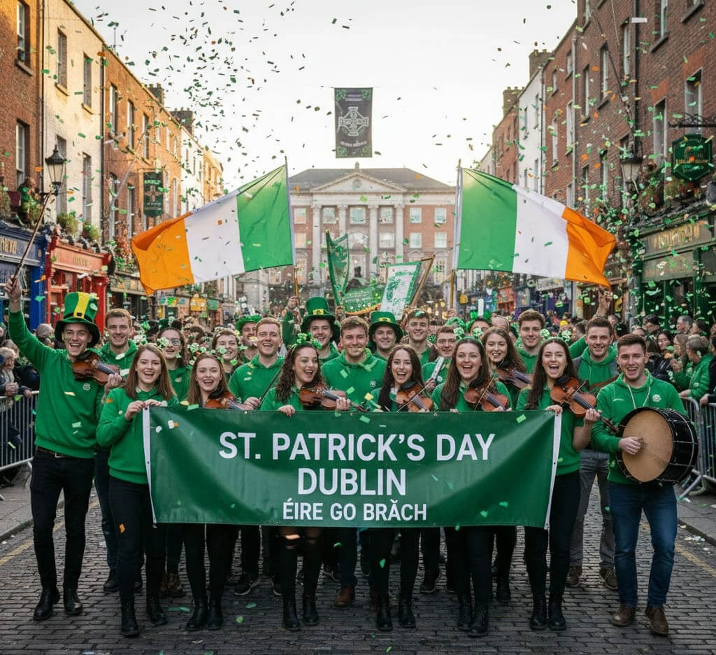 Estudiantes internacionales celebrando el Día de San Patricio en Dublín con banderas y ambiente festivo