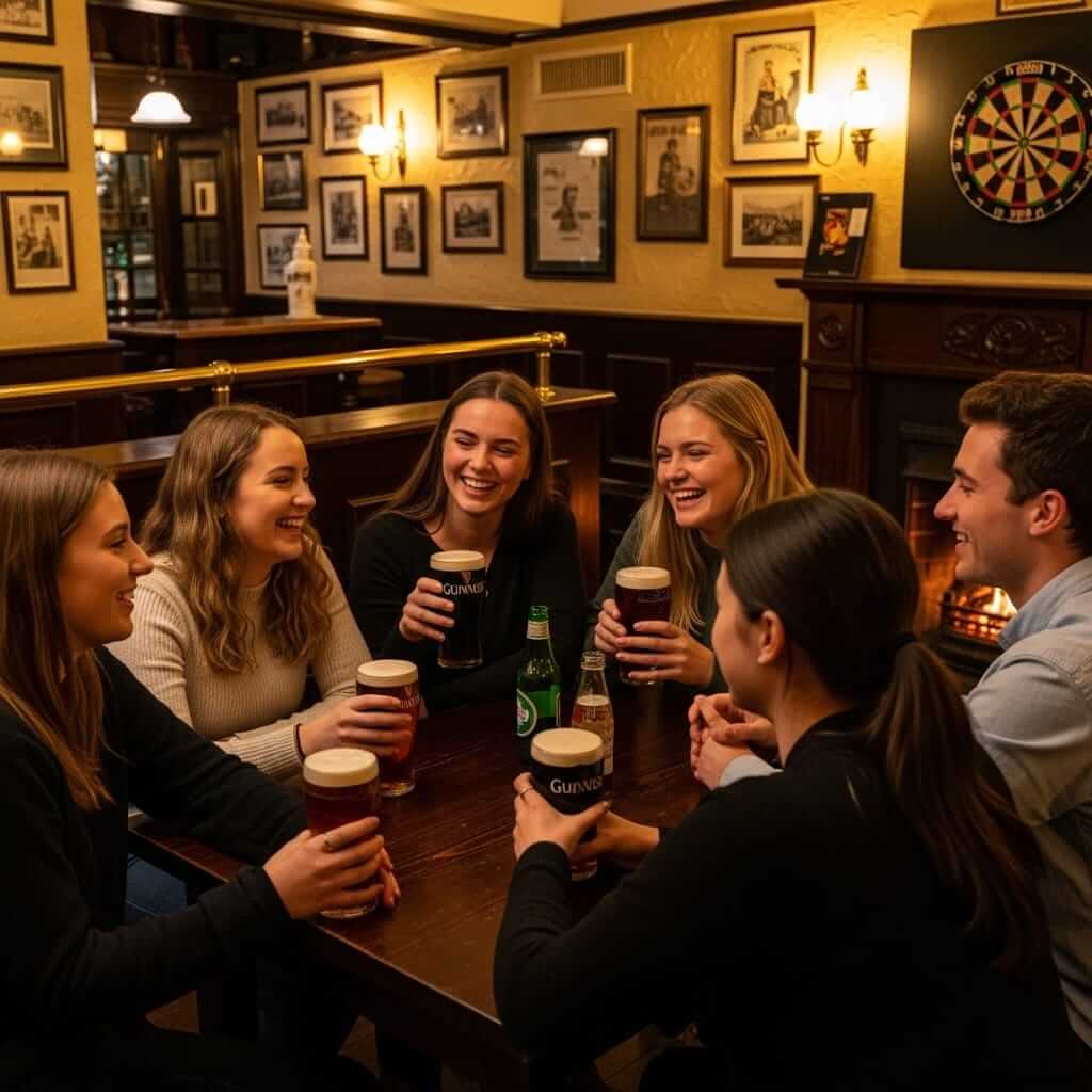 Grupo de estudiantes hispanohablantes compartiendo en un pub típico de Dublín durante su programa Study & Work en Irlanda